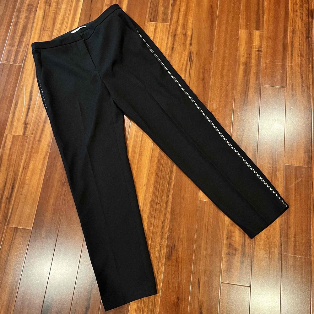 Tahari Black Dress Pants Straight Leg Crochet Racer Stripe Trouser Career Size 8